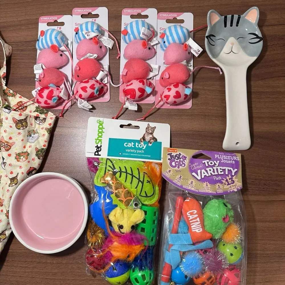 Cat Lovers Bundle - Handmade Totebag, Assorted Toys, Food Bowl, and Spoon Holder
